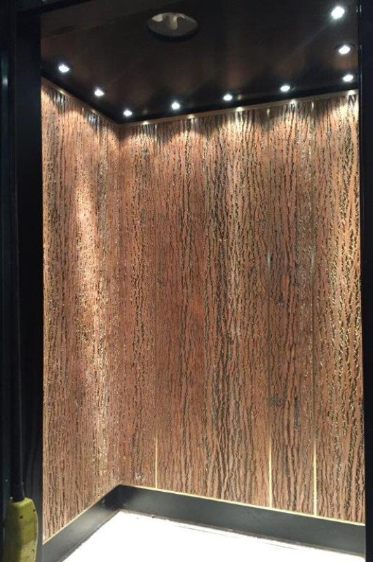 Wood veneer used as part of a metal panel project for and elevator cab